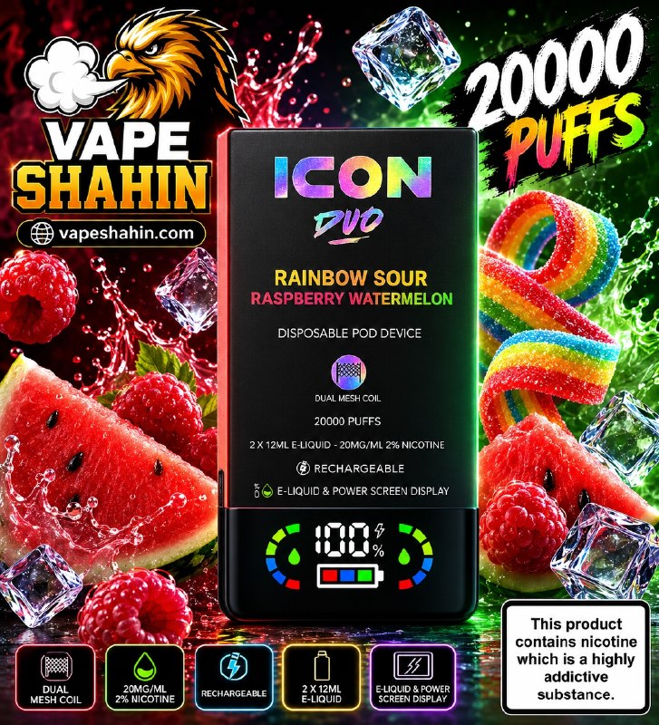پاد یکبار مصرف ایکون هندوانه و تمشکی ترش رنگین‌کمانی ( 20 هزار پاف ) | ICON DUO 20000 Vape RAINBOW SOUR + RASPBERRY WATERMELON