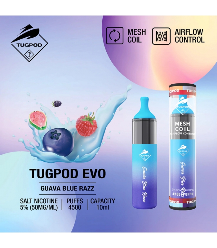 پاد یکبار مصرف گوآوا بلوبری رزبری ۴۵۰۰ پاف تاگبوت | TUGBOAT EVO 4500 PUFFS – Guava Blue Razz
