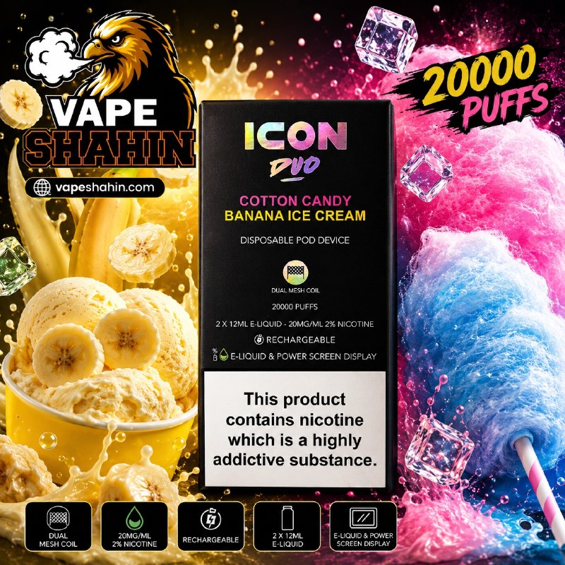 پاد یکبار مصرف ایکون بستنی موز + پشمک ( 20 هزار پاف ) | ICON DUO 20000 Vape COTTION CANDY + BANANA ICE CREAM