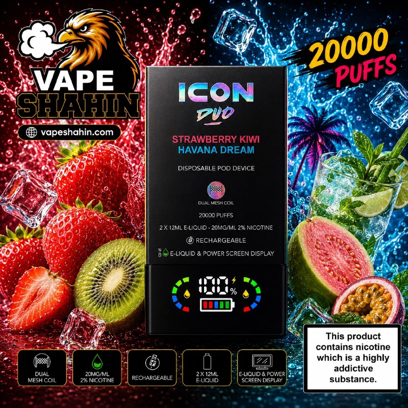 پاد یکبار مصرف ایکون کیوی توت فرنگی + هاوانا دریم ( 20 هزار پاف ) | ICON DUO 20000 Vape STRAWBERRY KIWI + HAVANA DREAM