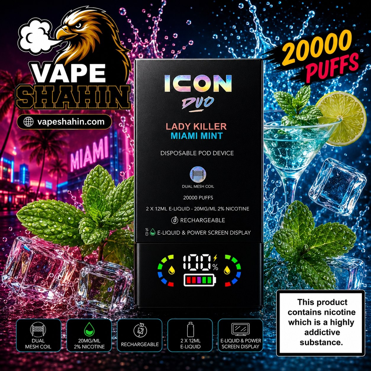 پاد یکبار مصرف ایکون لیدی کیلر + میامی مینت ( 20 هزار پاف ) | ICON DUO 20000 Vape LADY KILLER + MIAMI MINT