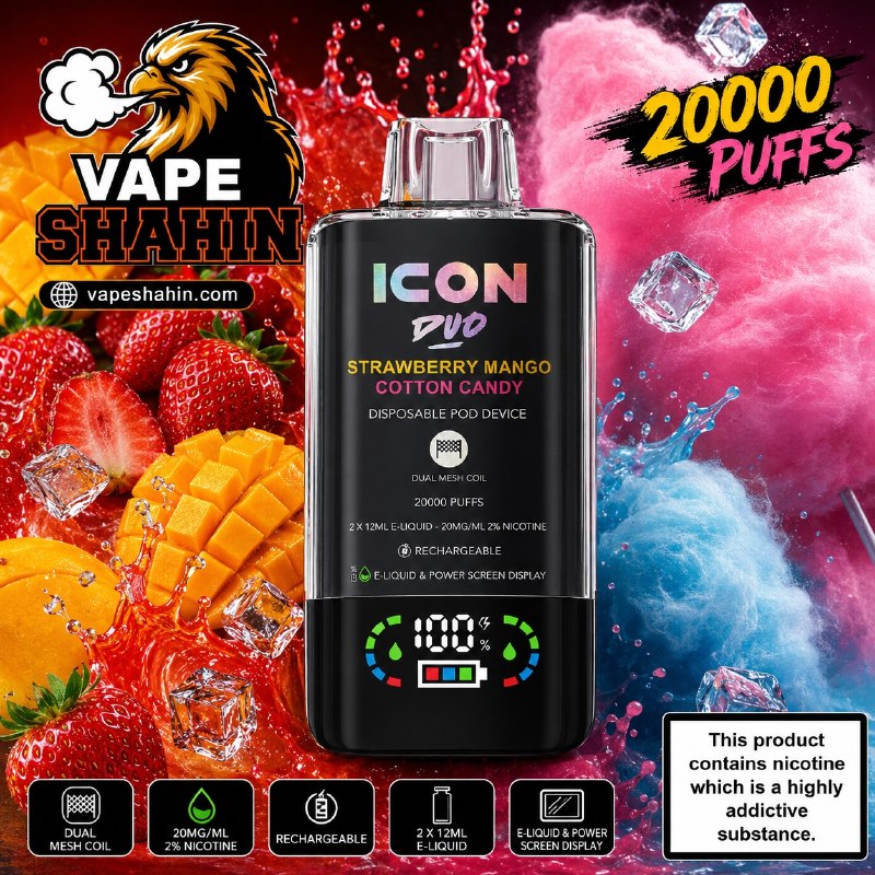 پاد یکبار مصرف ایکون آبنبات پشمکی + توت فرنگی و انبه ( 20 هزار پاف ) | ICON DUO 20000 Vape STRAWBERRY MANGO + COTTON CANDY