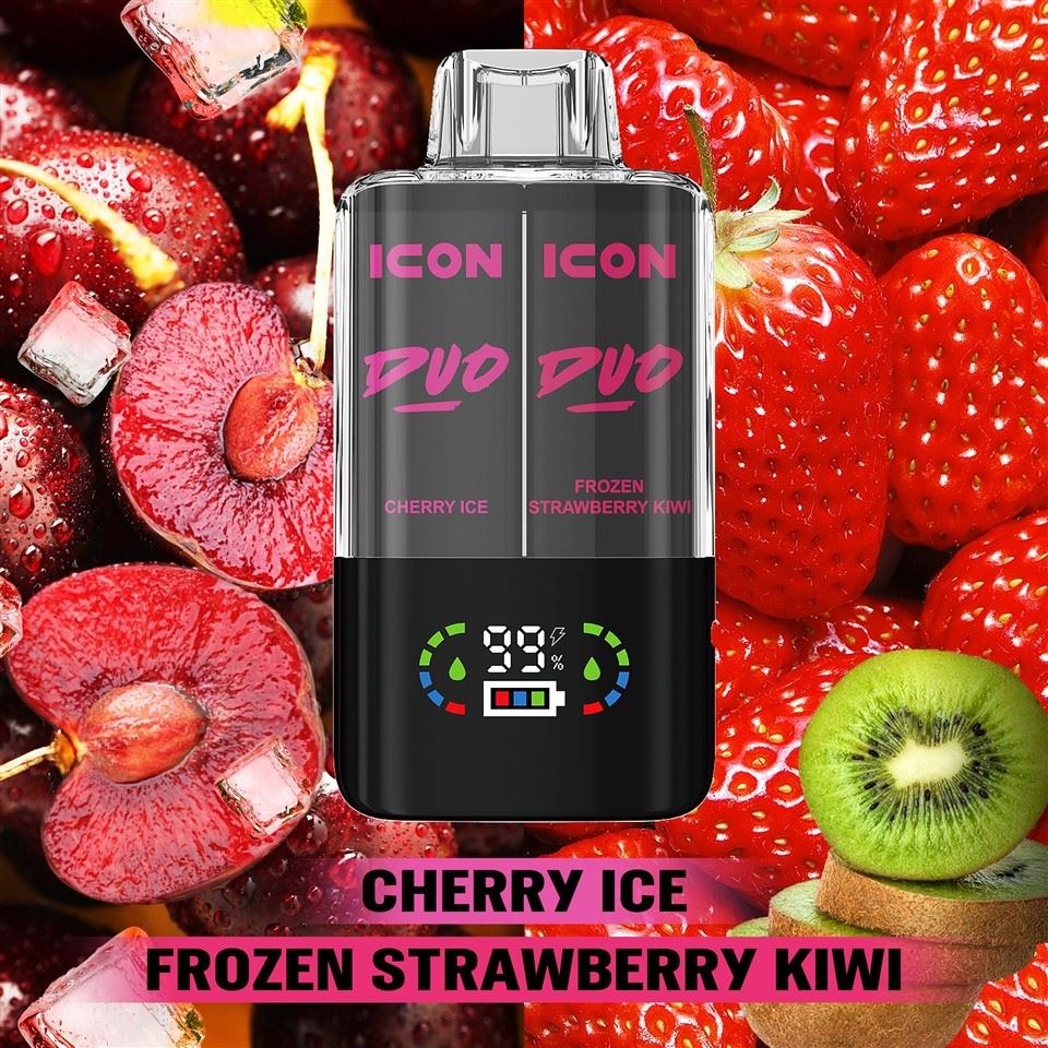 پاد یکبار مصرف ایکون گیلاس یخی و توت فرنگی یخ‌زده کیوی 20 هزار پاف | ICON DUO 20000 Vape CHERRY ICE +FROZEN STRAWBERRY KIWI