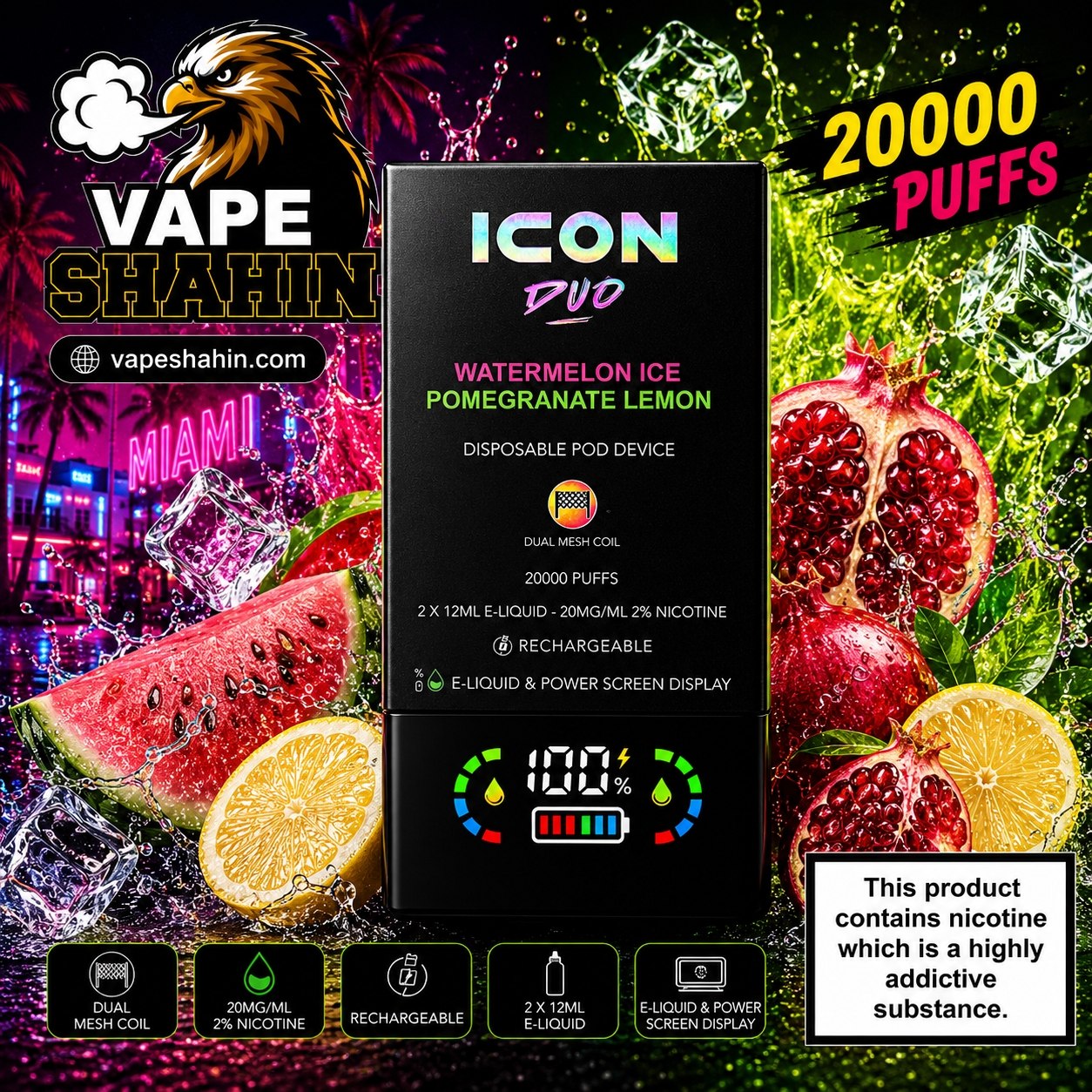 پاد یکبار مصرف ایکون هندوانه یخ + انار ( 20 هزار پاف ) | ICON DUO 20000 Vape WATERMELON ICE + POMEGRANATE
