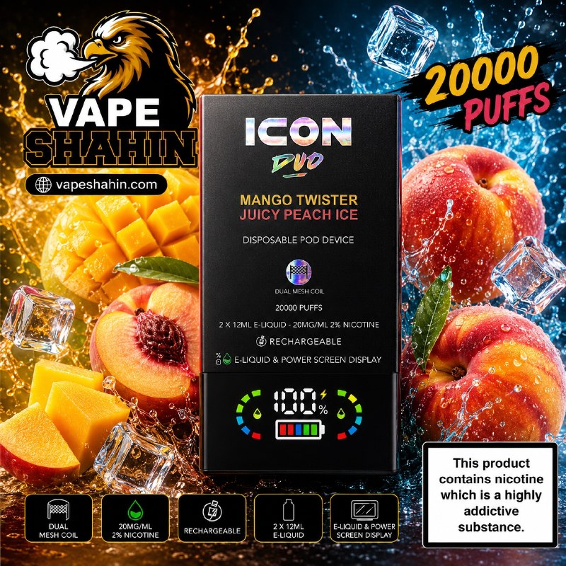پاد یکبار مصرف ایکون انبه + هلو ابدار یخ ( 20 هزار پاف ) | ICON DUO 20000 Vape MANGO TWISTER + JUICY PEACH ICE