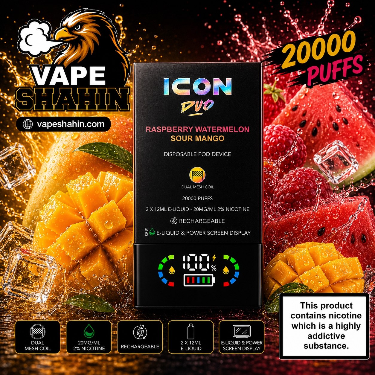 پاد یکبار مصرف ایکون هندوانه تمشک + انبه ترش ( 20 هزار پاف ) | ICON DUO 20000 Vape RASPBERRY WATERMELON + SOUR MANGO