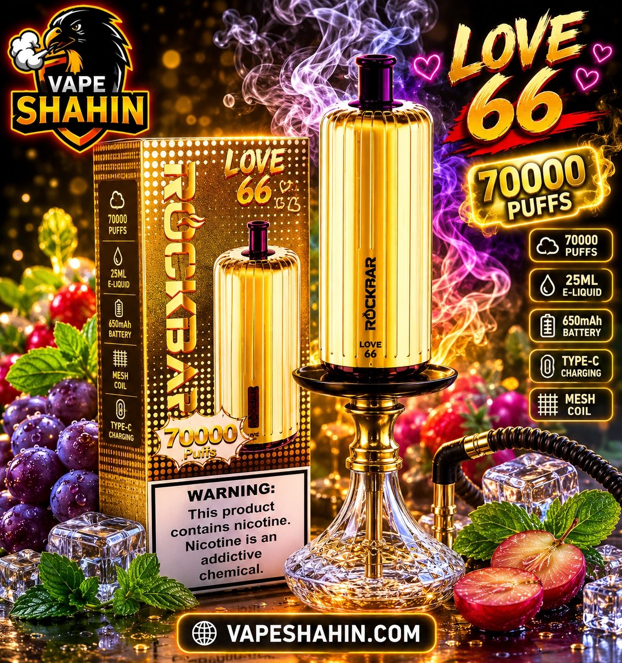 پادیکبار مصرف راک بار طعم لاو66 ( 70 هزار پاف ) | ROCKBAR 70000 Puffs LOVE 66