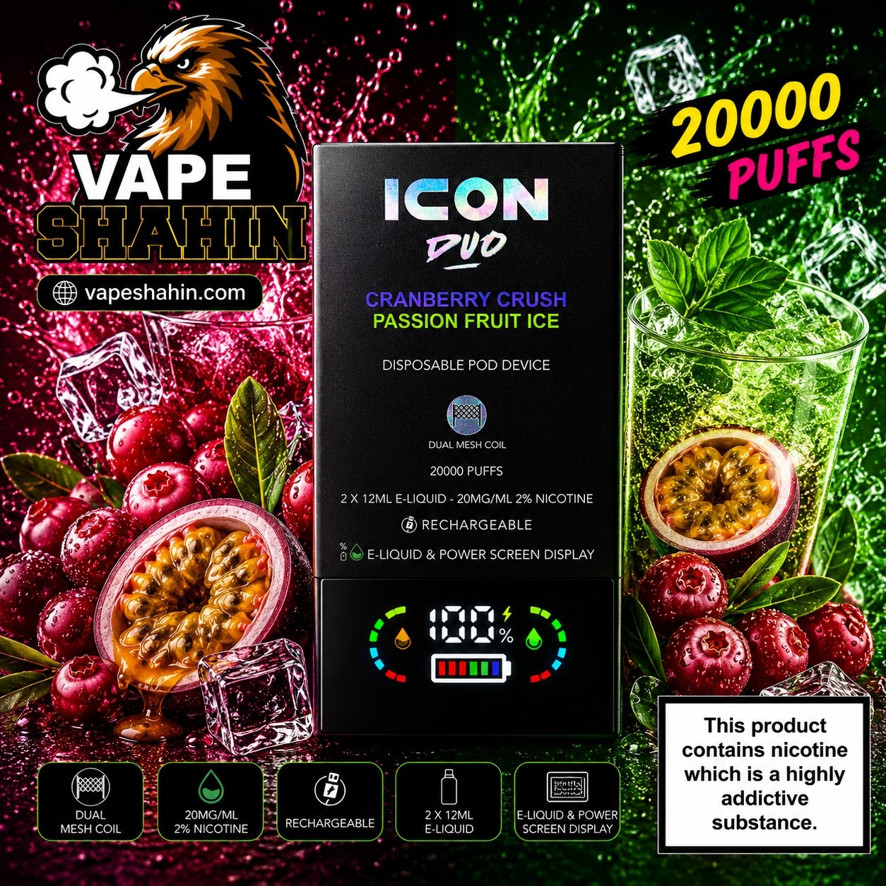 پاد یکبار مصرف ایکون کران کراش + پشن فروت یخ ( 20 هزار پاف ) | ICON DUO 20000 Vape CRANBERRY CRUSH + PASSION FRUIT ICE