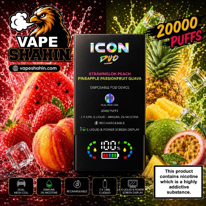 پاد یکبار مصرف ایکون خربزه، هلو + آناناس پشن فوروت گواوا ( 20 هزار پاف ) | ICON DUO 20000 Vape STRAWMELON PEACH + PINAPPLE PASSION FRUIT GUAVA